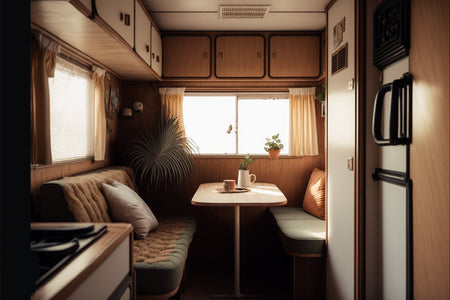 Interior of a mobile home featuring 12mm Vanply Caravan Wall Panels from plywood supplier, Plyco