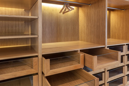 Interior 12mm American Walnut veneered plywood panels from local plywood supplier Plyco used for home cabinetry