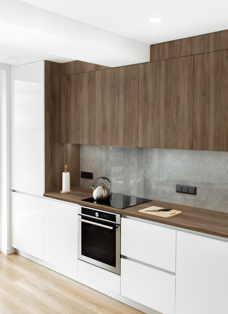 Kitchen benchtop and cabinetry project featuring from Melbourne plywood supplier Plyco, using 18mm Tobacco Pacific Walnut EGGER Panel without a white background