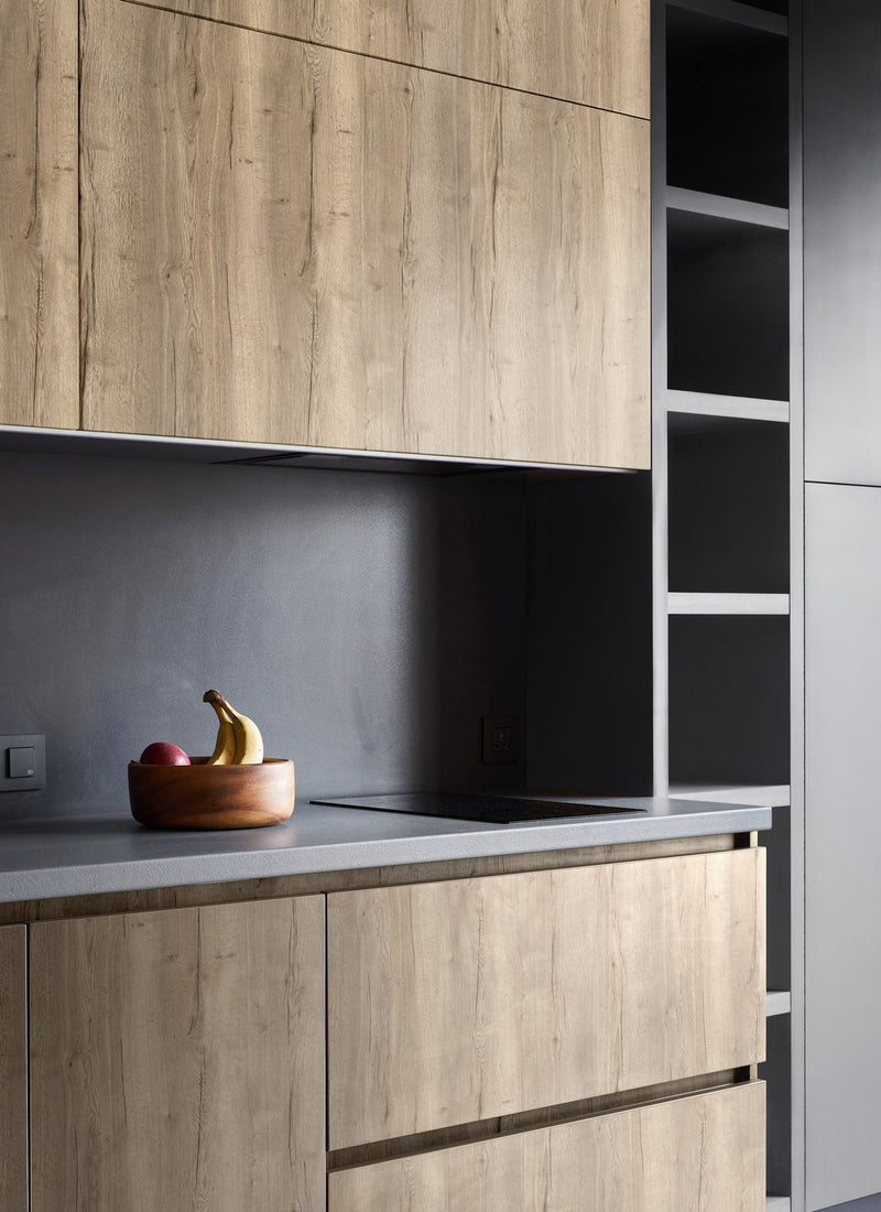 Kitchen cabinetry project featuring Plyco's 18mm White Halifax Oak EGGER Panel without a white background