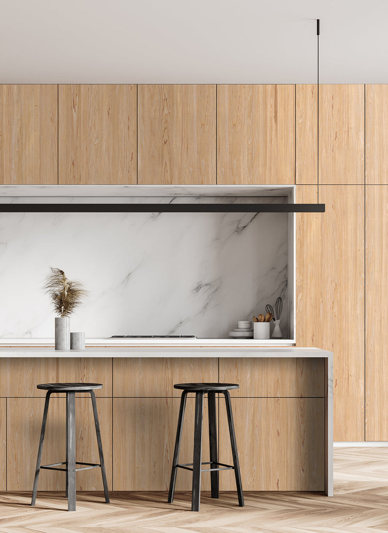 Kitchen featuring Plyco's 1mm raw, iron-on Blackwood veneer laminate on a white background