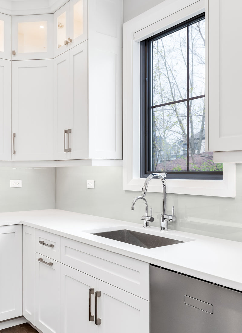 Silver Grey Natural Laminex Aquapanel from Plyco used for a home kitchen splashback project without a white background