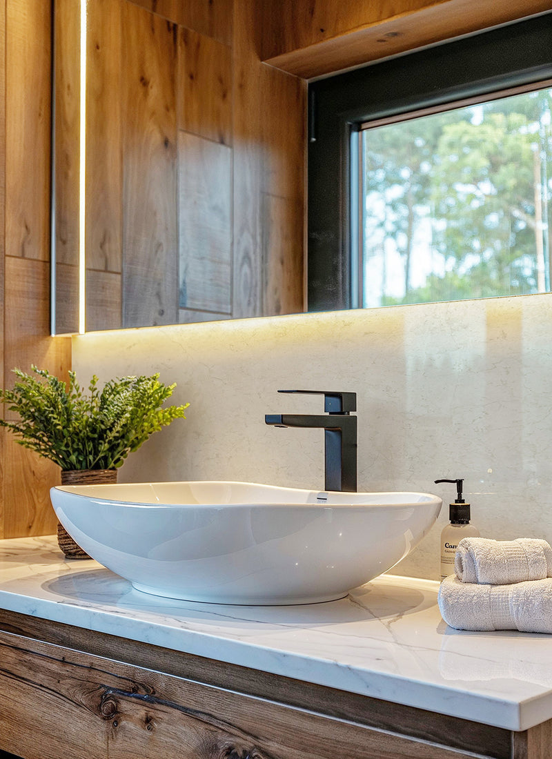 White Valencia Natural Tile Laminex Aquapanel from Plyco used in a Melbourne residential bathroom project without a white background