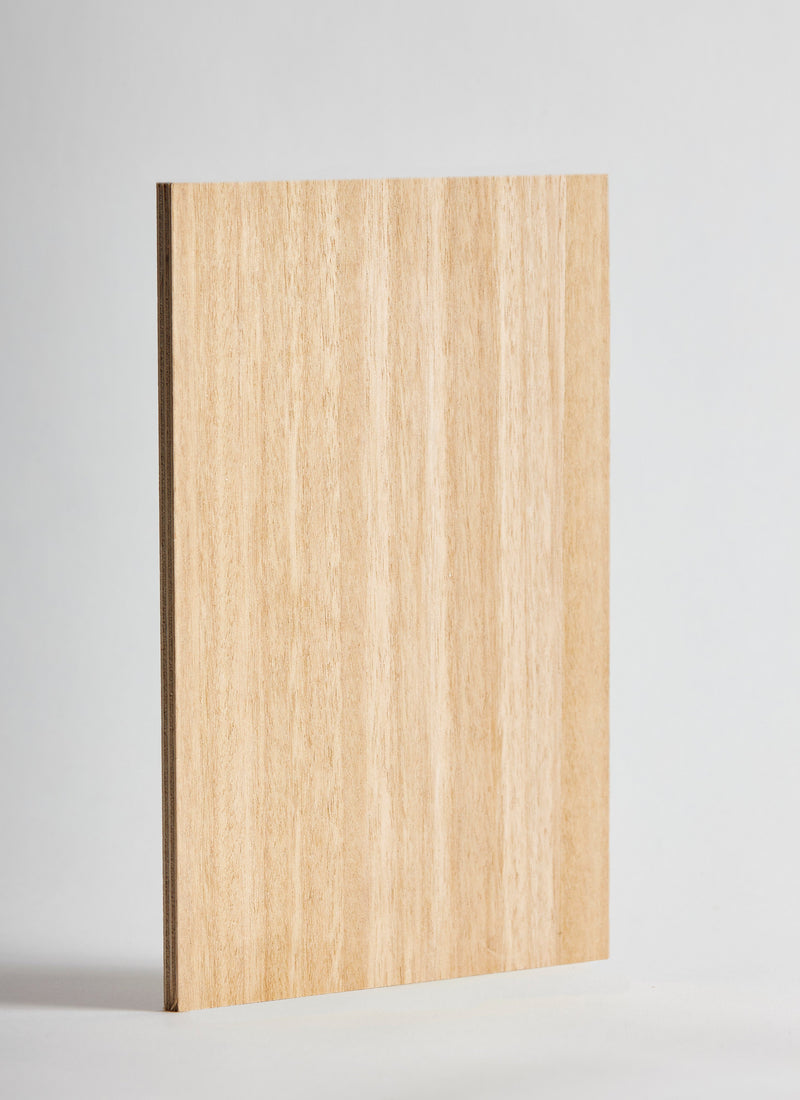 Plyco's Blackbutt timber veneer on Birch 18mm Quadro plywood panel on a white background