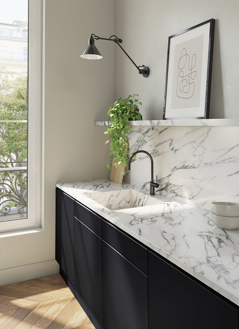 Render of a bathroom featuring Plyco's Black Spotless Laminate not on a white background