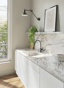 Render of a bathroom featuring Plyco's White Spotless Laminate not on a white background