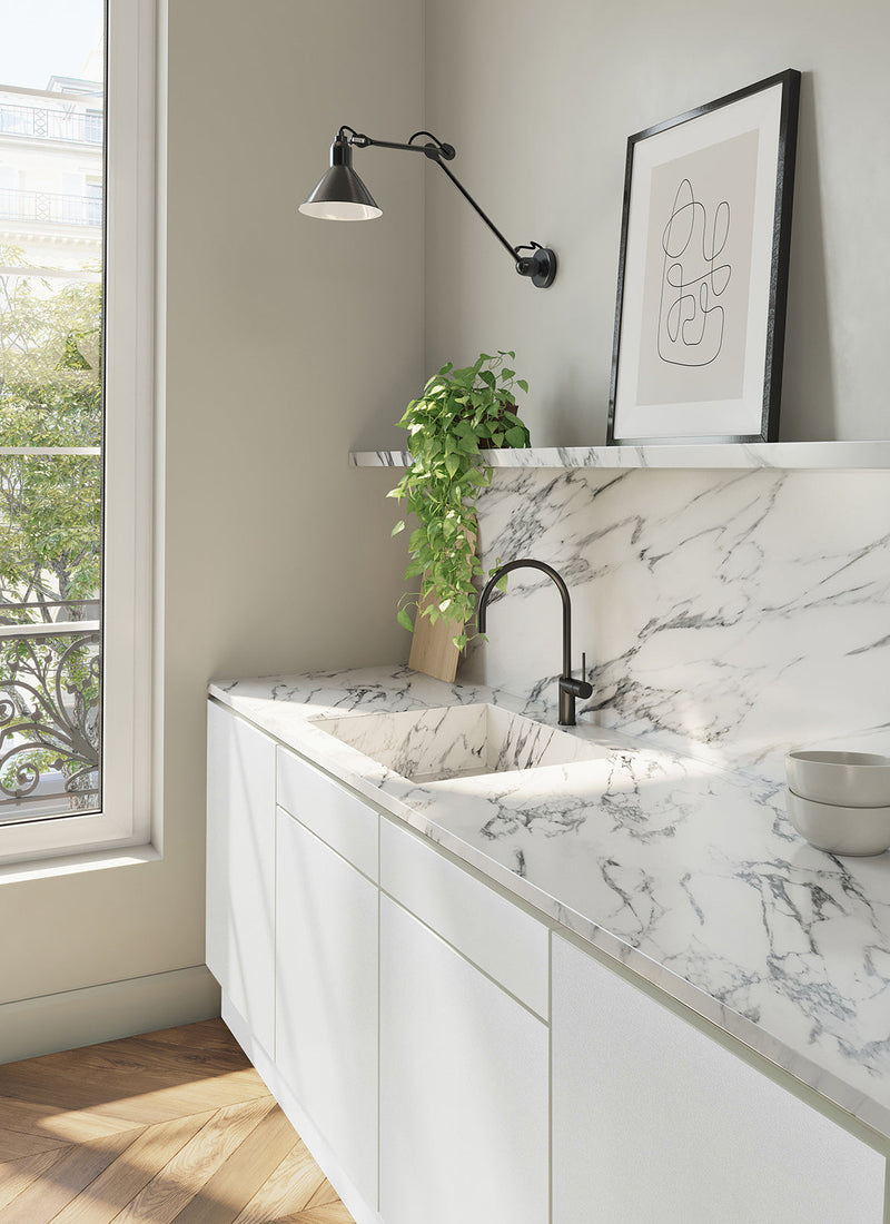 Render of a bathroom featuring Plyco's White Spotless Laminate not on a white background