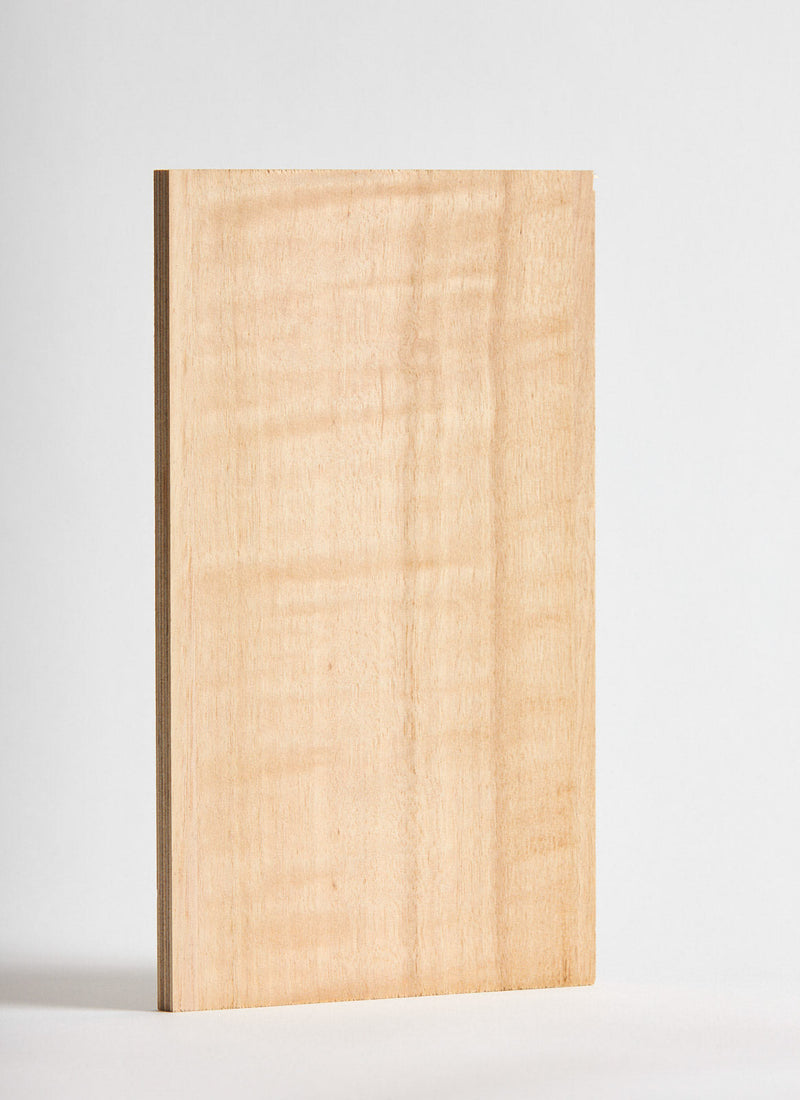 Plyco's Tasmanian Figured Eucalypt Strataply pressed on 18mm Birch Plywood on a white background