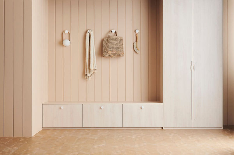 Residential mudroom and door area using Surround by Laminex from local plywood supplier, Plyco