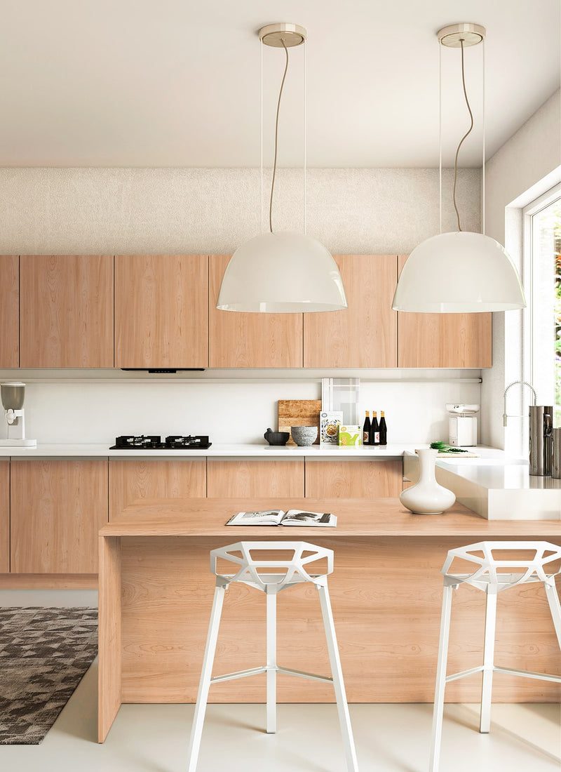 Beautiful 18mm American Cherry Veneered Particleboard sheets for cupboards, joinery and a tabletop in a residential kitchen project from plywood supplier Plyco, no white background