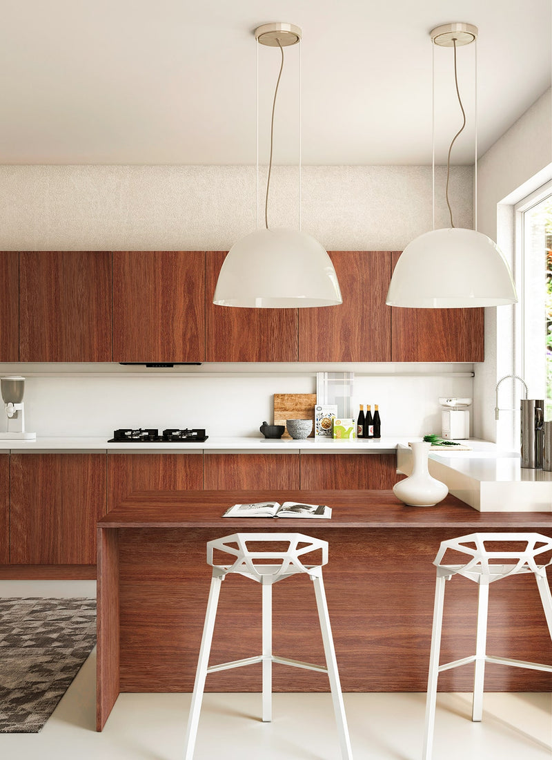 Beautiful 18mm Australian Jarrah Veneered Particleboard sheets for cupboards, joinery and a tabletop in a residential kitchen project from plywood supplier Plyco, no white background