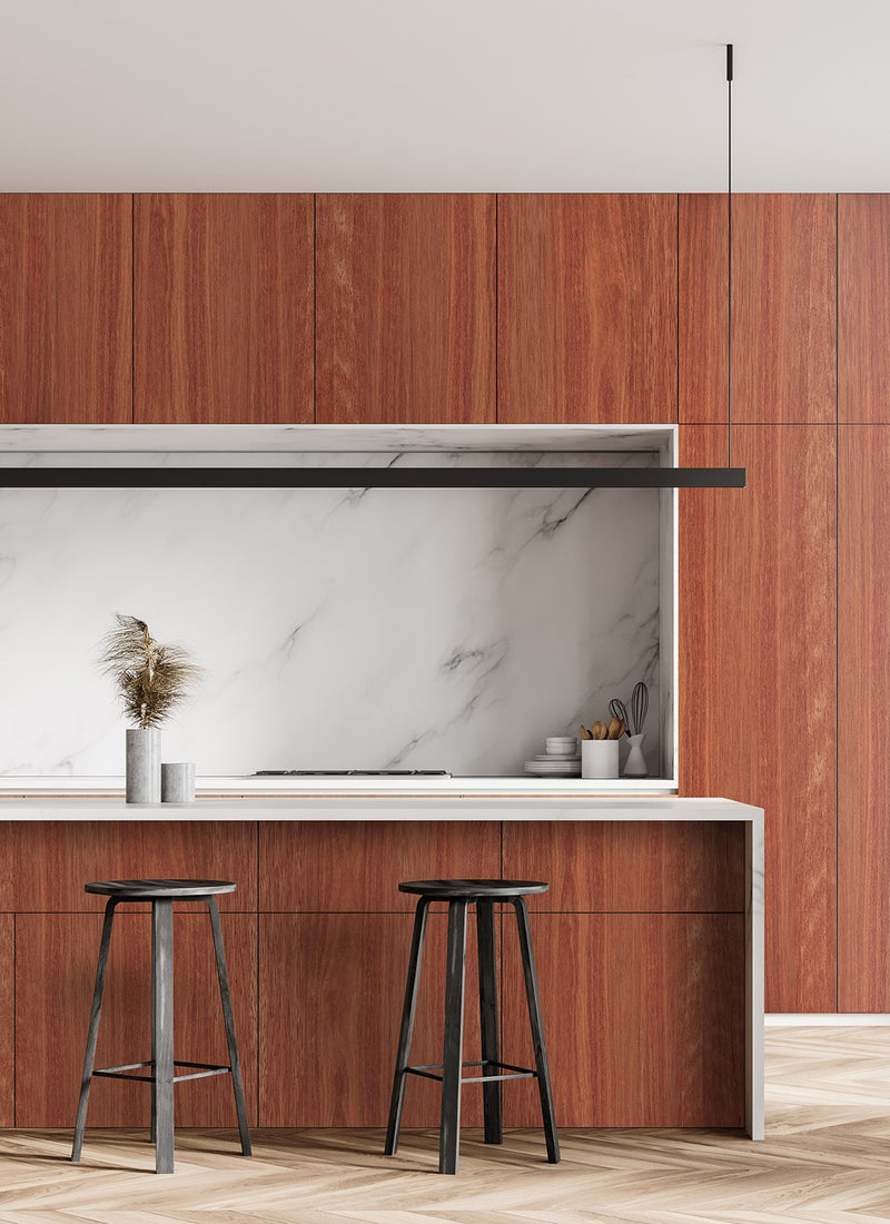 18mm Australian Jarrah Veneered Particle Board panels used for cabinetry an interior kitchen project from plywood supplier Plyco without a white background