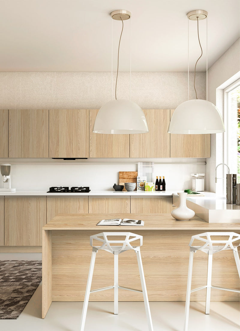 Beautiful 18mm White Oak Veneered Particleboard sheets for cupboards, joinery and a tabletop in a residential kitchen project from plywood supplier Plyco, no white background