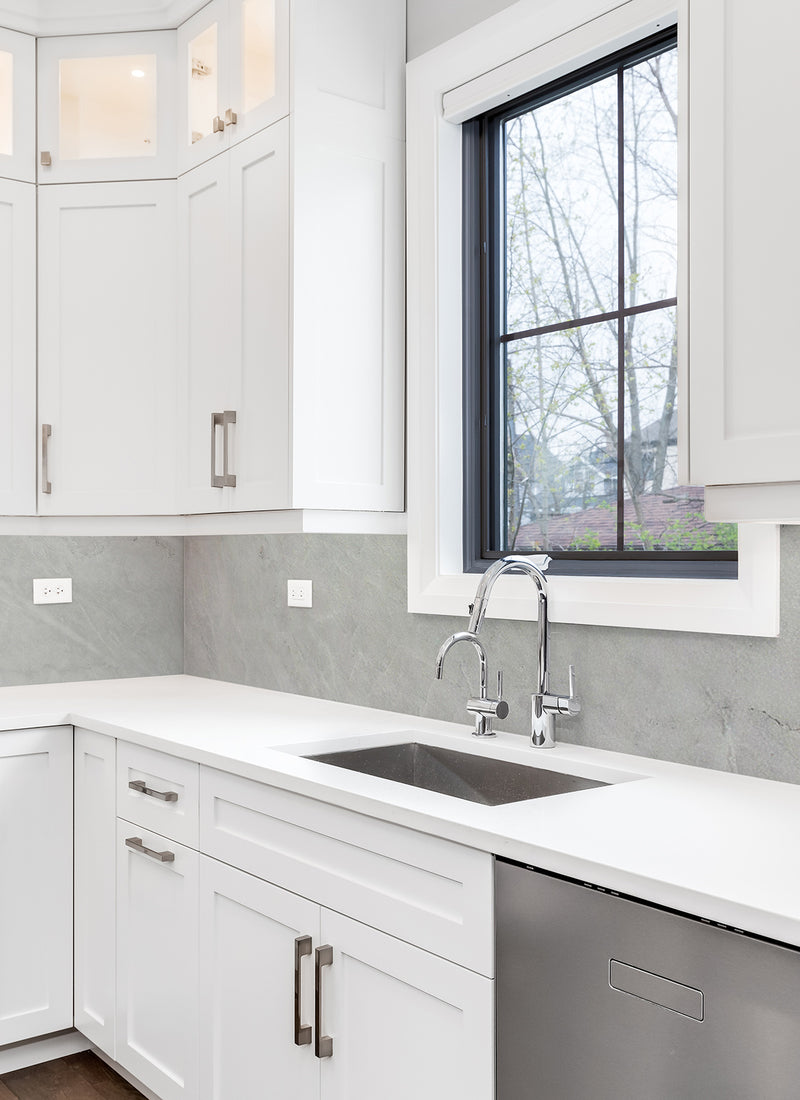 Carrara Ice WallART Wet Area Panel used as a splash back in a residential kitchen DIY project without a white background