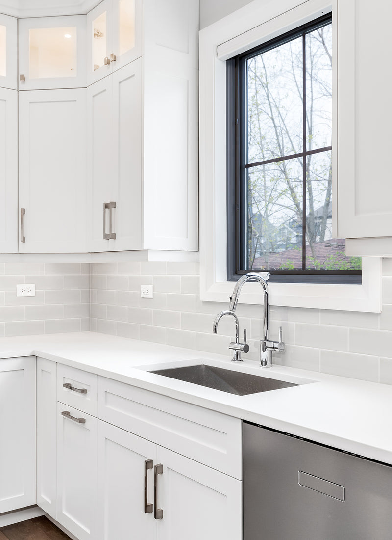 New York White Tiled WallART Wet Area Panel used as a splash back in a residential kitchen DIY project without a white background