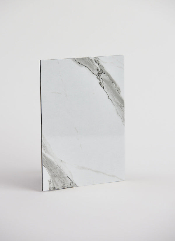 Forest One's 2400 x 1200mm Glossy White Marble HPL WallART Wet Area Panel available to buy at Plyco on a white background