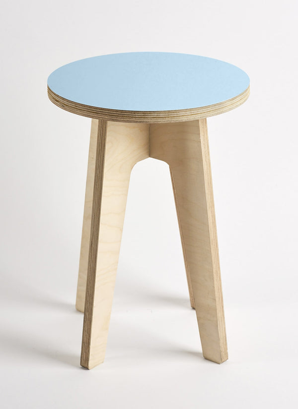 Plyco's Scandinavian inspired, Birch Decoply Stool/Chair in Sky Blue on a white background