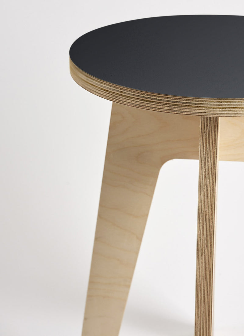 Plyco's Scandinavian inspired, Birch Decoply Stool/Chair in Raven Black on a white background