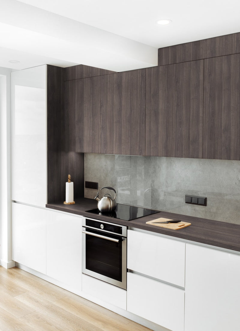 Kitchen cabinetry project featuring Plyco's 18mm Anthracite Sherman Oak EGGER Panel without a white background