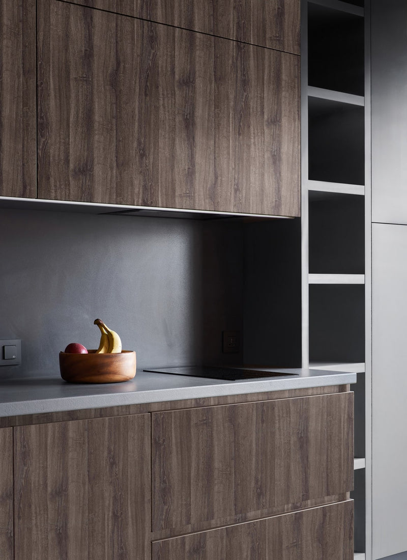 Kitchen cabinetry project featuring Plyco's 18mm Anthracite Sherman Oak EGGER Panel without a white background