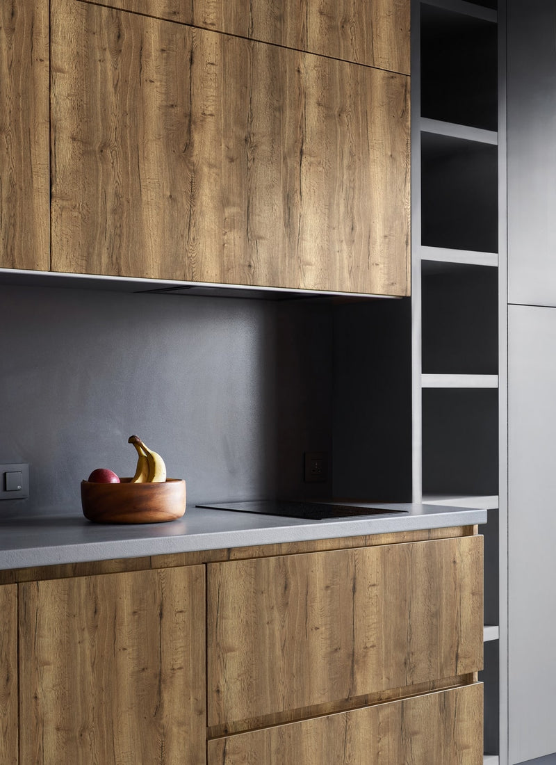 Kitchen cabinetry project featuring Plyco's 18mm Tobacco Halifax Oak EGGER Panel without a white background