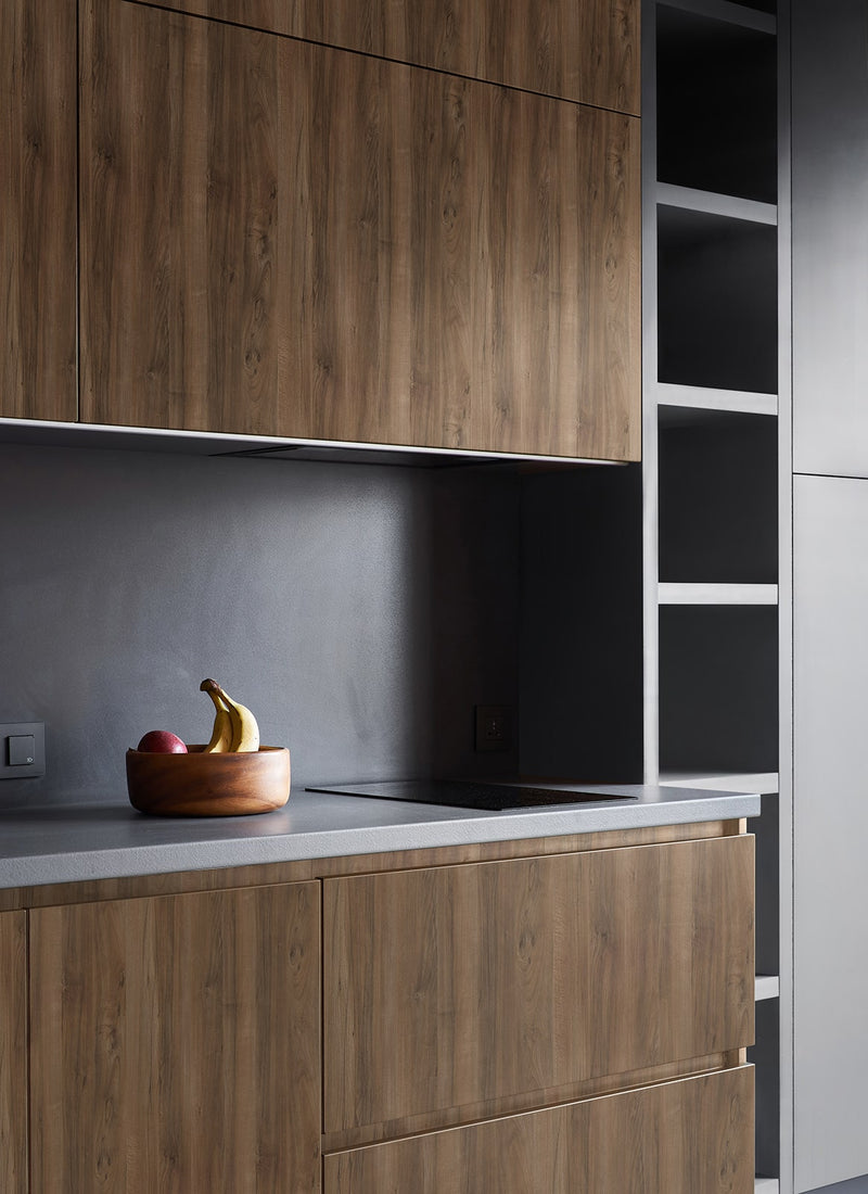 Kitchen cabinetry project featuring Plyco's 18mm Tobacco Pacific Walnut EGGER Panel without a white background