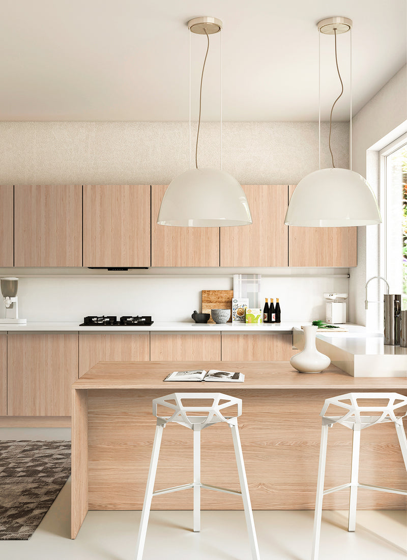 Another kitchen featuring Plyco's raw American Oak veneer laminate on a white background