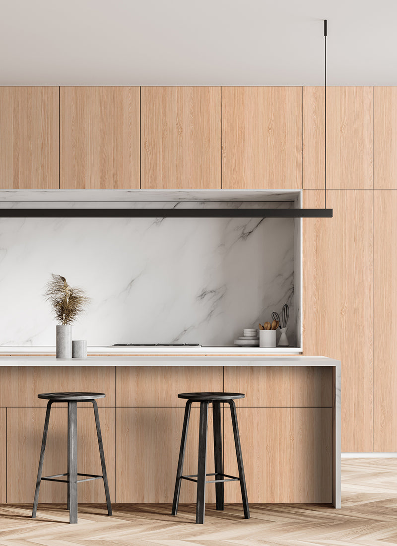 Kitchen featuring Plyco's raw American Oak veneer laminate on a white background