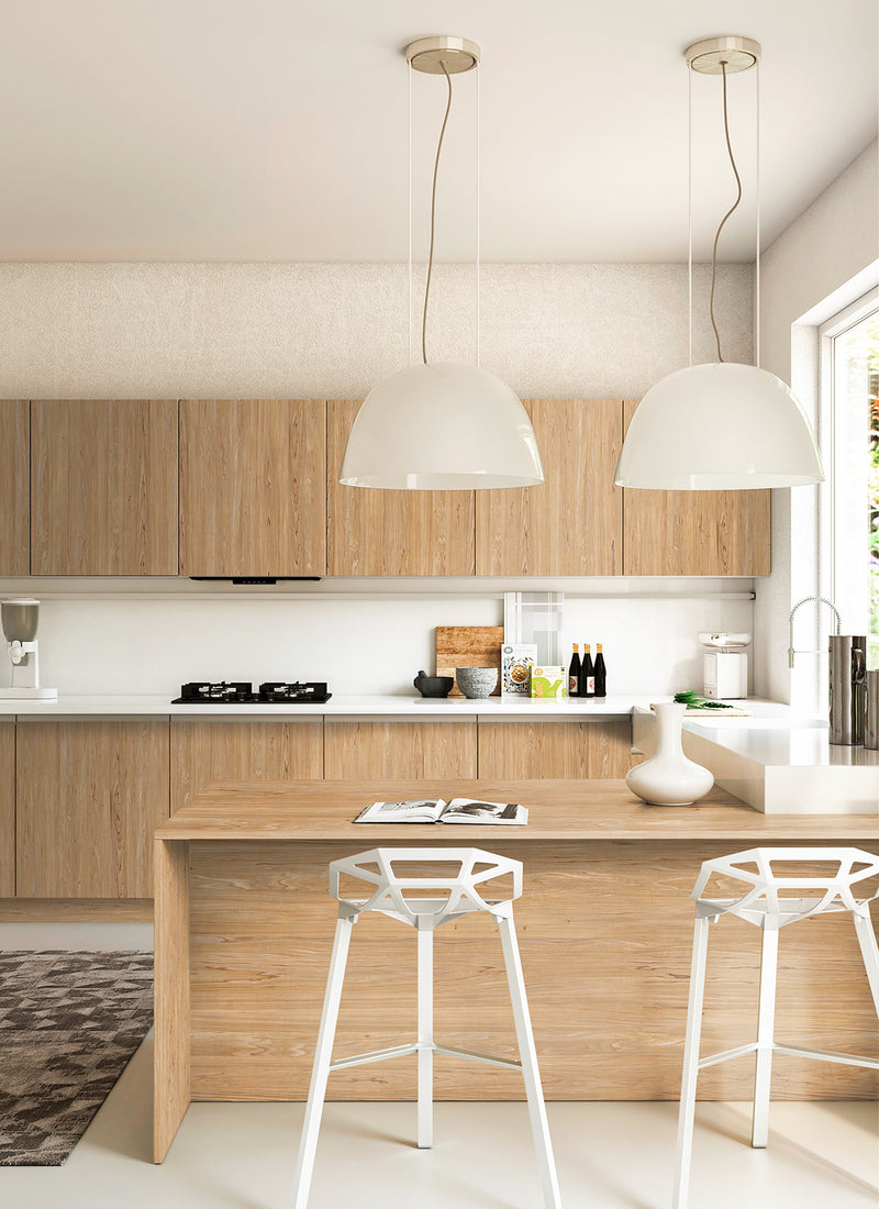 Another kitchen featuring Plyco's 1mm raw, iron-on Blackwood veneer laminate on a white background