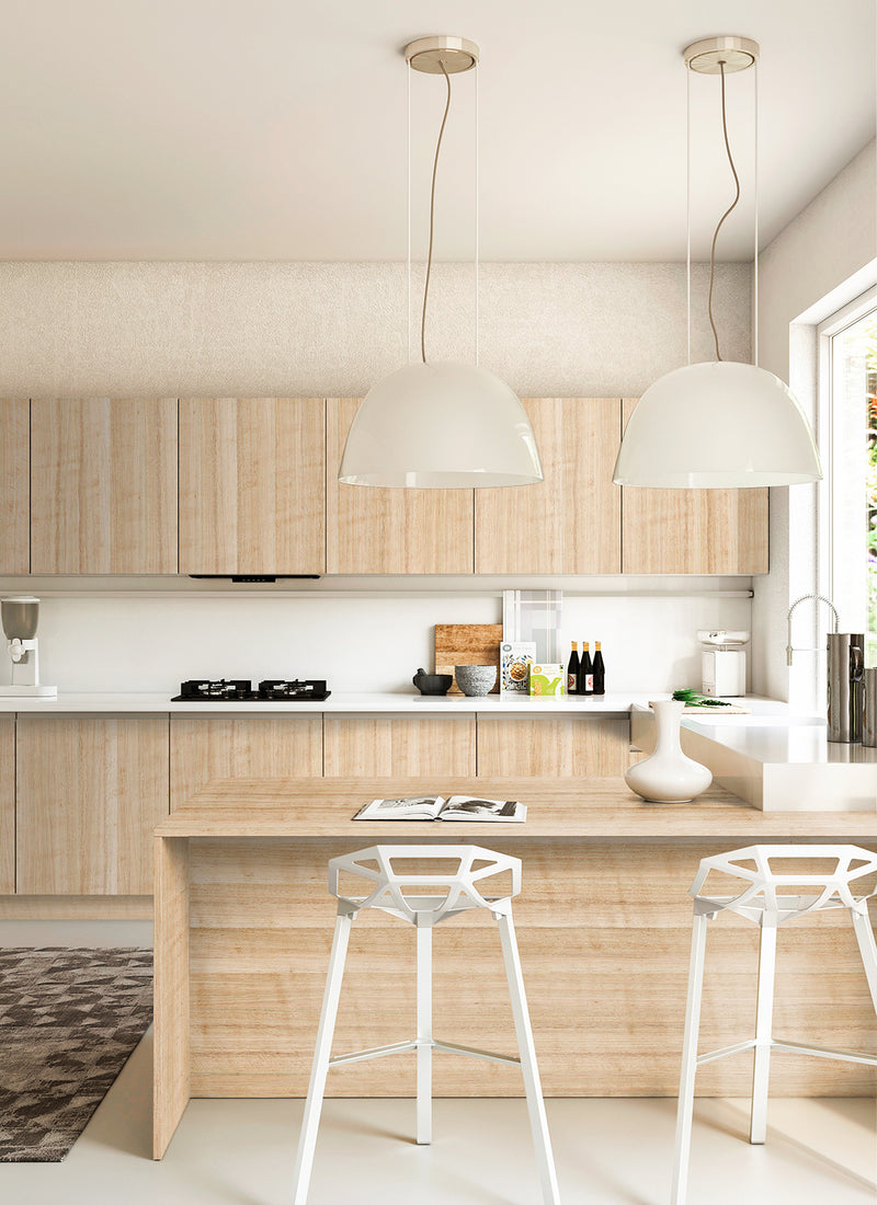 Kitchen benchtops and cabinetry featuring Plyco's 1mm raw, iron-on Figured Eucalypt veneer laminate on a white background