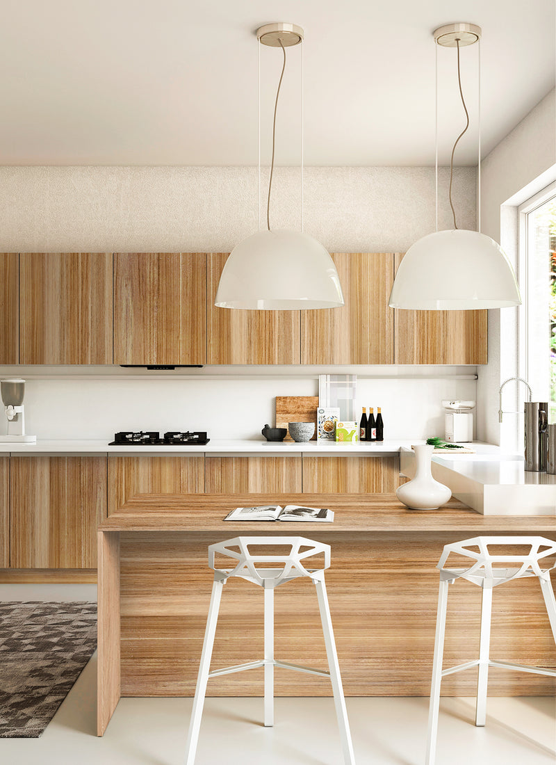 Another kitchen benchtop and cabinetry project featuring Plyco's raw NFG Blackbutt Laminato veneer laminate on a white background