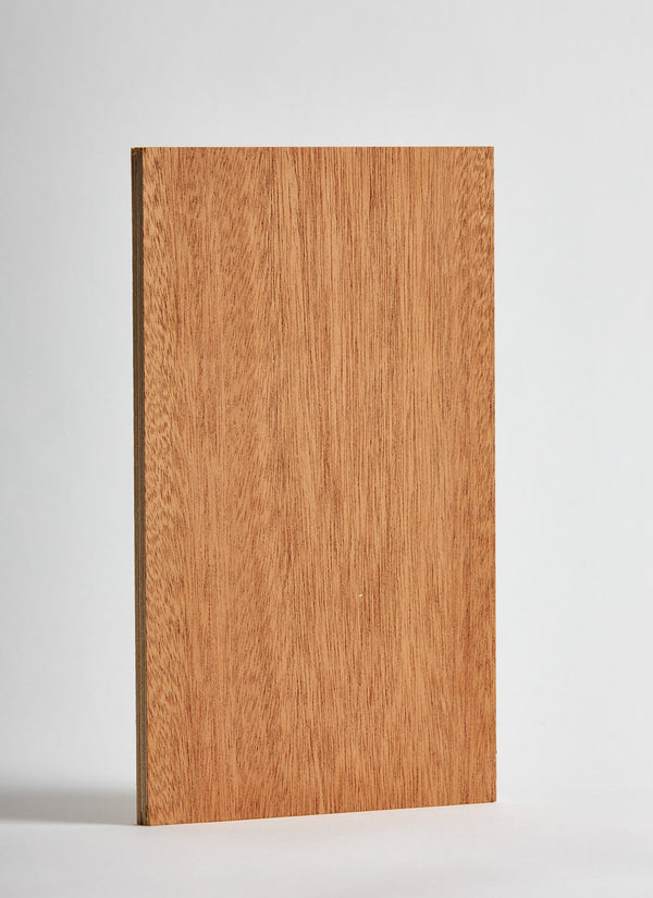 Plyco's Quadro Sapele veneer pressed onto a Birch Plywood core featured on a white background