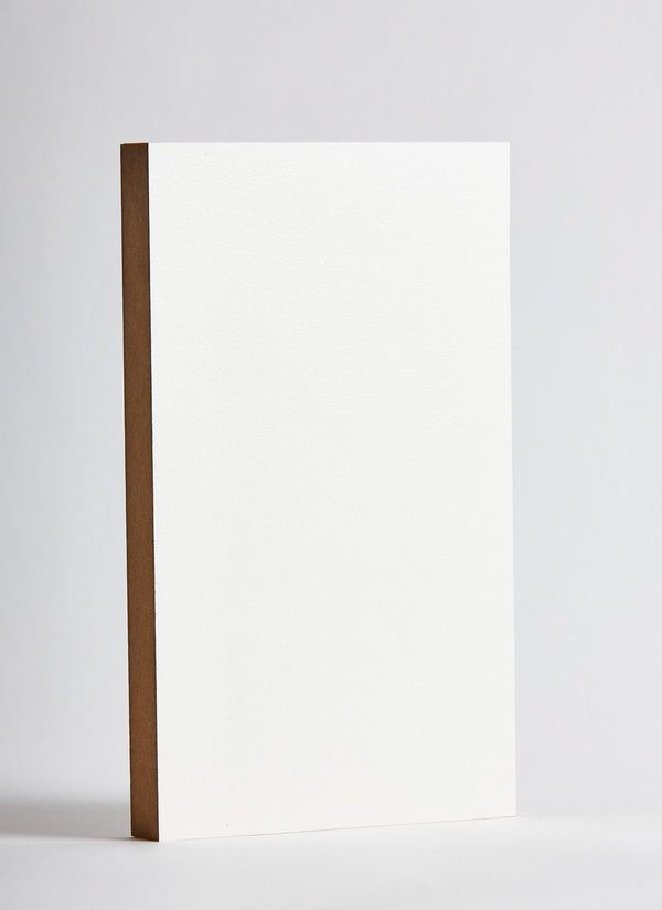 Plyco's white satin laminated melamine MDF panel on a white background