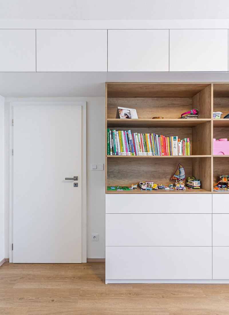 Bedroom wardrobe joinery project using Plyco's 18mm White Standard Particleboard and plywood flooring on a white background